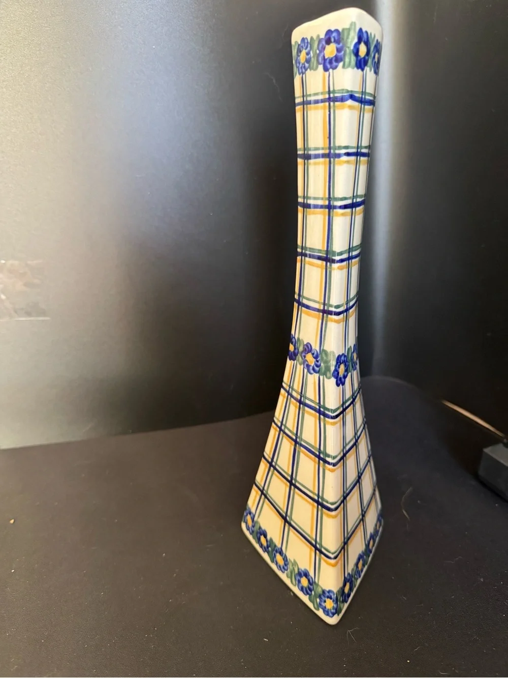 Vintage Andy Unikat Polish Pottery Triangle Vase Plaid Floral